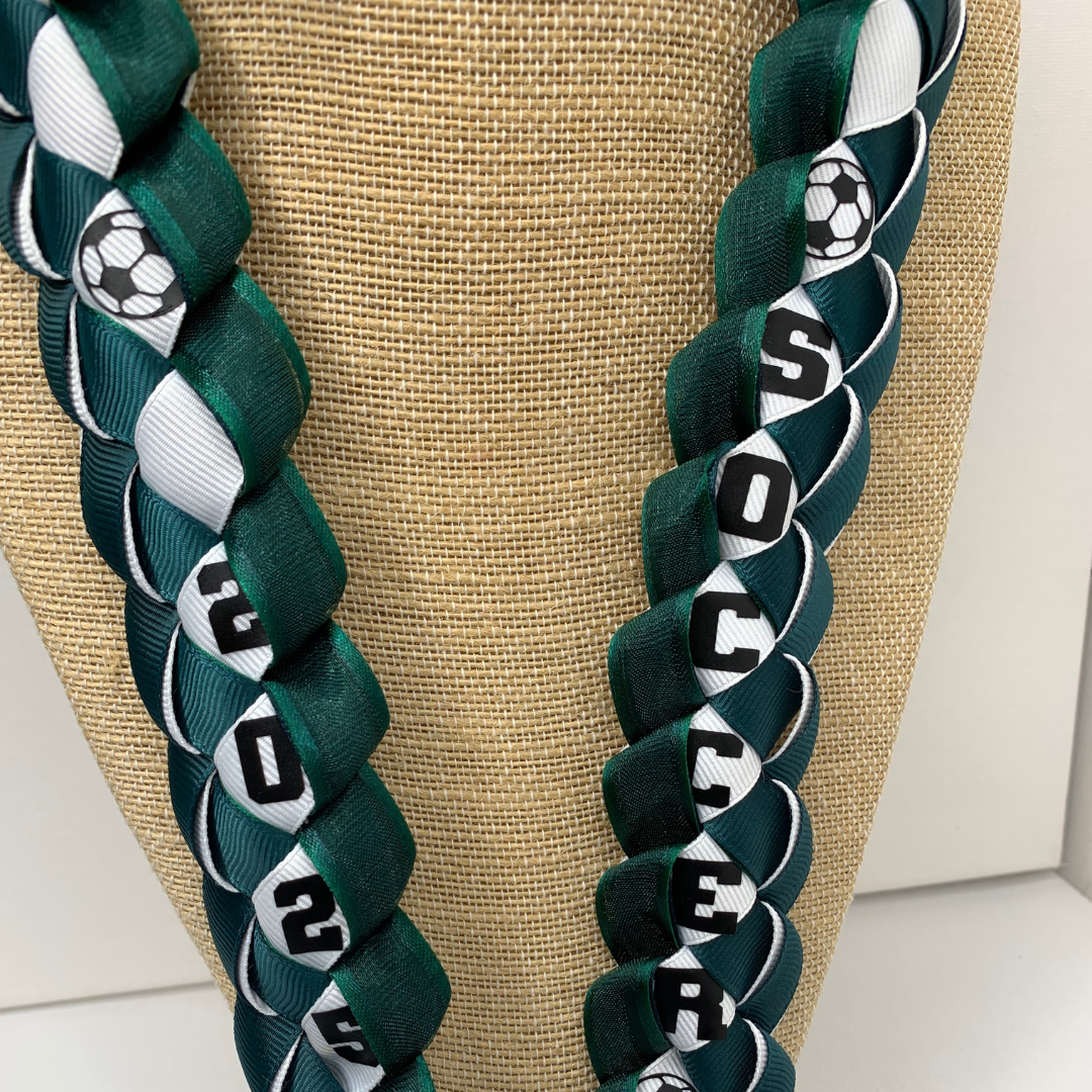 Personalized Soccer Ribbon Lei in green and white school colors for soccer players, Senior Night and graduation gifts.