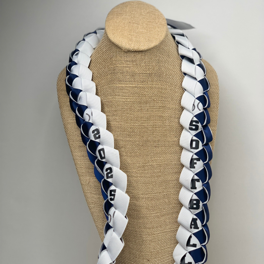 Personalized Softball Ribbon Lei in school or team colors for Senior Night, graduation, softball banquets, tournaments, and softball player gifts.
