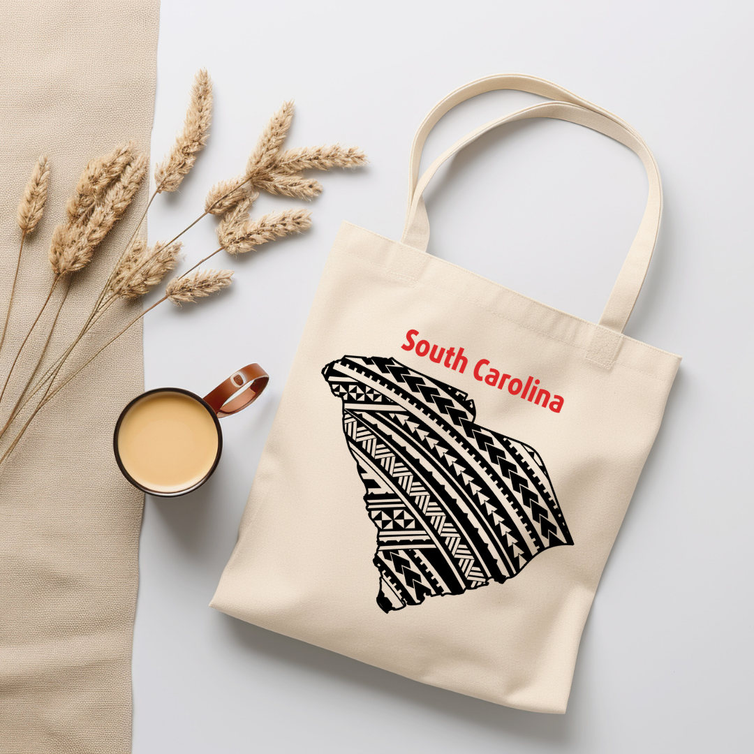 South Carolina-A double-sided, eco-friendly Polynesian Pride tote bag featuring a tribal map design from the 50 State Tribal Map Collection