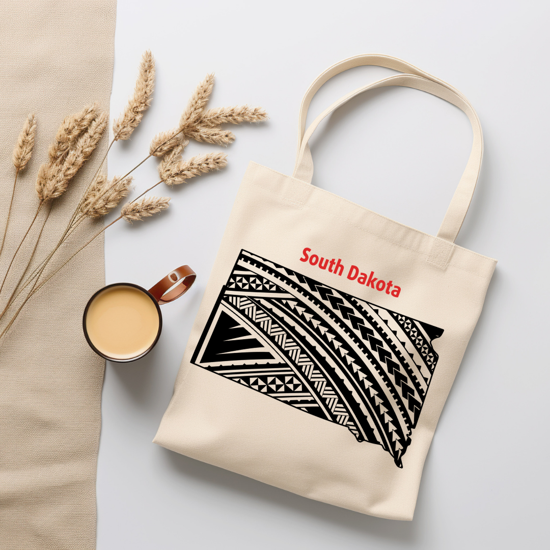 South Dakota-A double-sided, eco-friendly Polynesian Pride tote bag featuring a tribal map design from the 50 State Tribal Map Collection