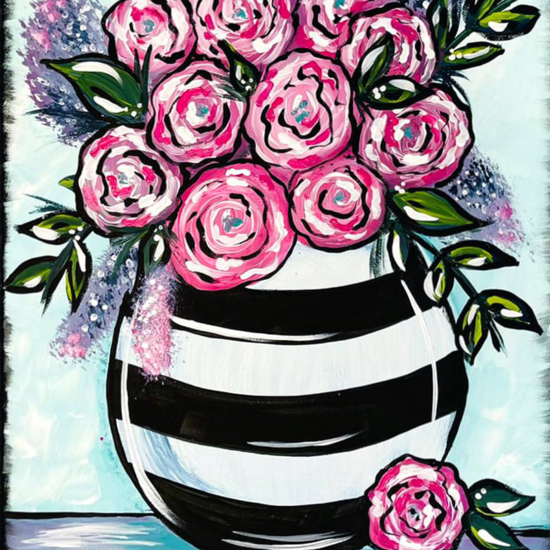 Striped vase with pink roses on a colorful background comes with apinting supplies