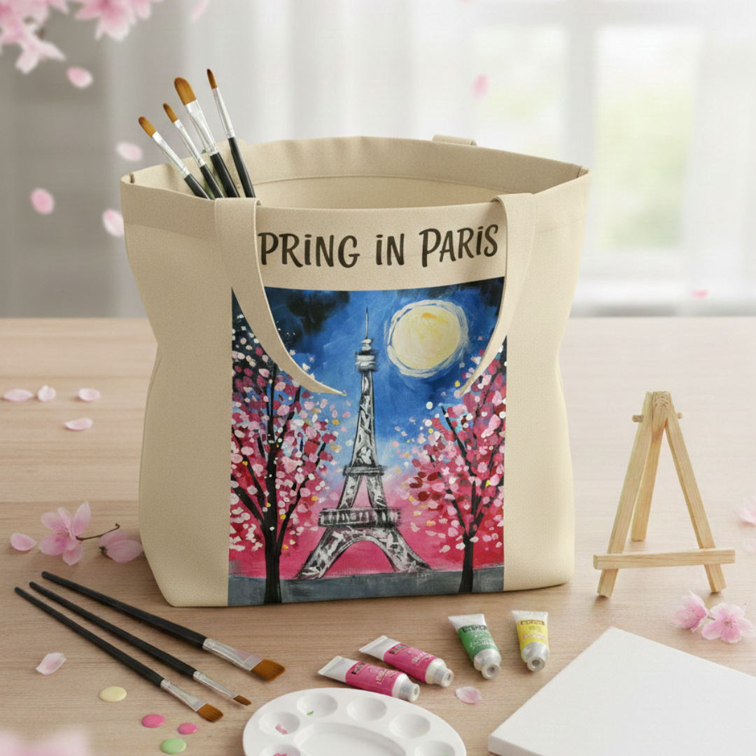 DIY Spring in Paris paint kit featuring an Eiffel Tower design on a canvas or tote bag with brushes and acrylic paints.