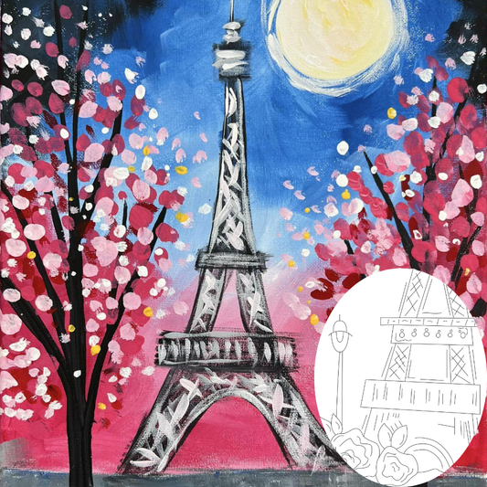 Painting of the Eiffel Tower with pink cherry blossoms under a moonlit sky.