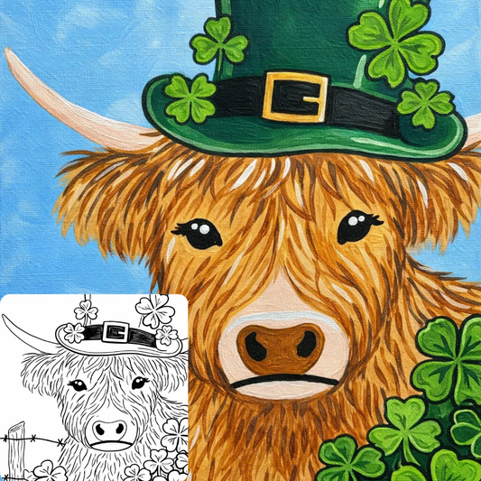 St. Patrick's Highlander Cow DIY Paint Kit finished canvas wearing a green hat with shamrocks against a blue sky.