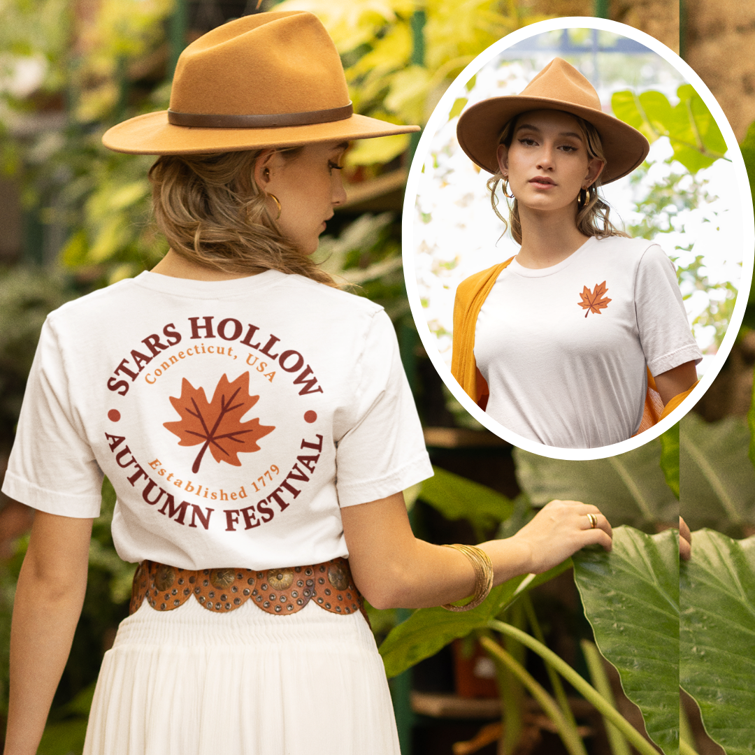 Stars Hollow Autumn Festival double-sided graphic tee in white with maple leaf front and back print – Gilmore Girls inspired