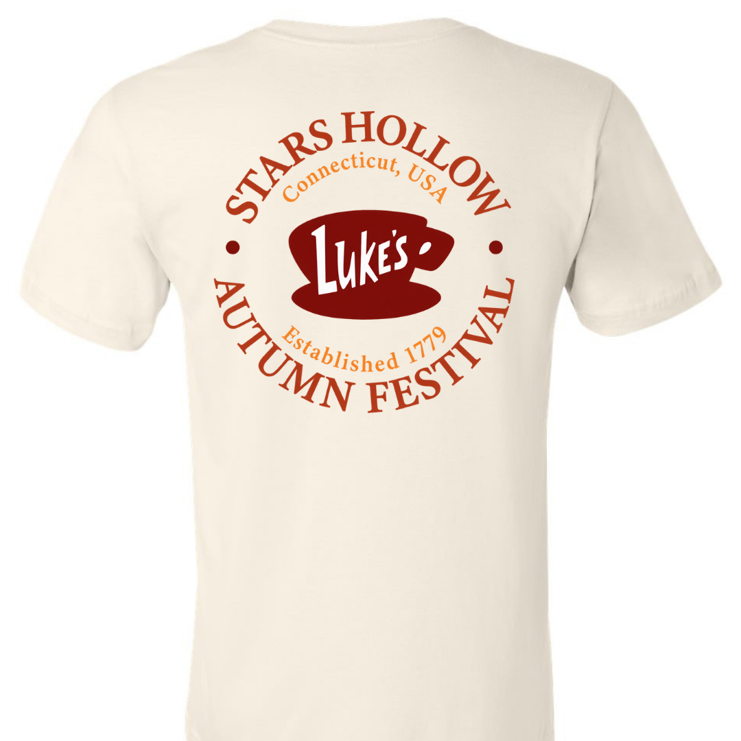 Stars Hollow Luke's Diner double-sided graphic tee in sand with Luke's chest logo – Gilmore Girls inspired shirt