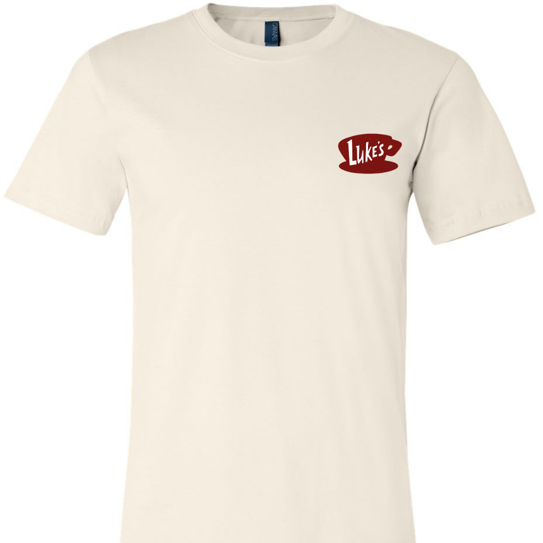 Stars Hollow Luke's Diner double-sided graphic tee in sand with Luke's chest logo – Gilmore Girls inspired shirt