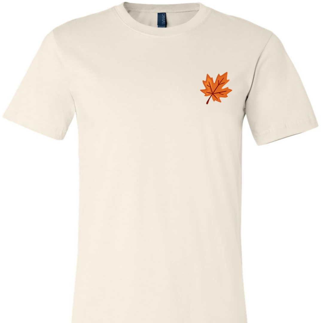 Stars Hollow Autumn Festival sand t-shirt  with maple leaf chest graphic – Gilmore Girls inspired double-sided shirt