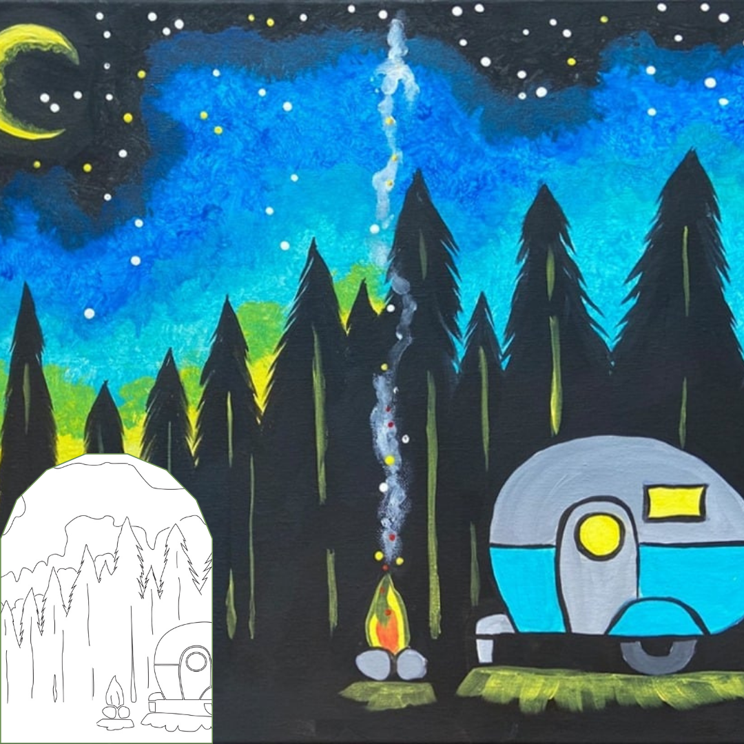 summer-themed canvas paint kit featuring  camping scene with a camper, campfire, and trees under a starry night sky.