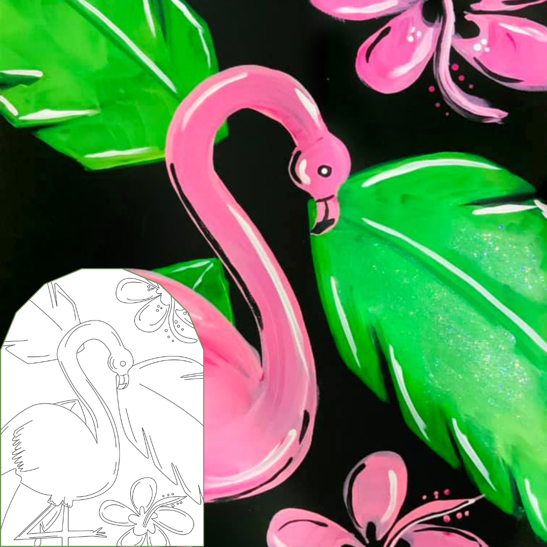 Pink flamingo with green leaves and flowers on a black background summer-themed paint kits featuring perfect for a group paint party.