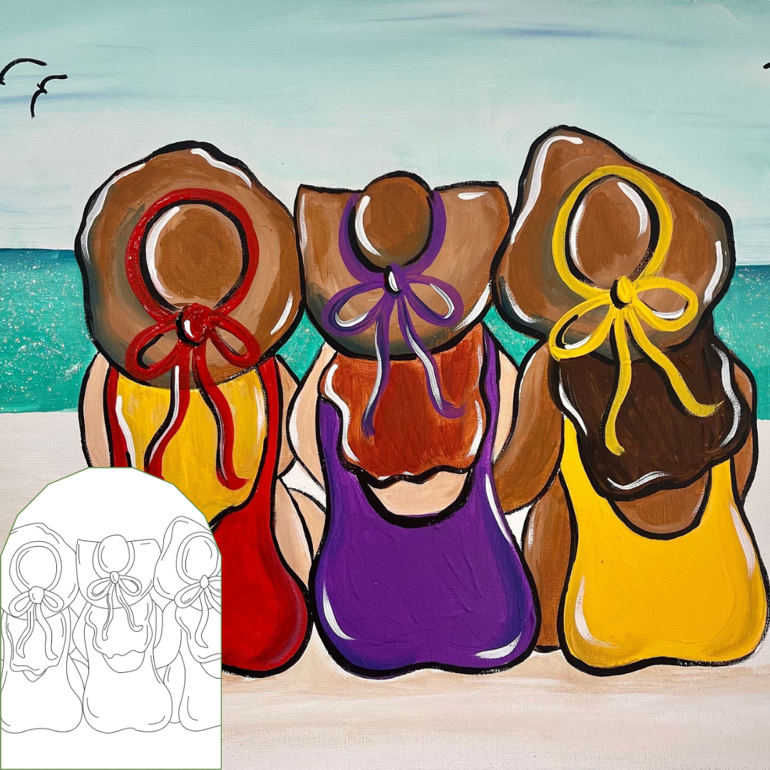 summer-themed paint kits of 3 women sitting on sand by the ocean perfect for a group paint party