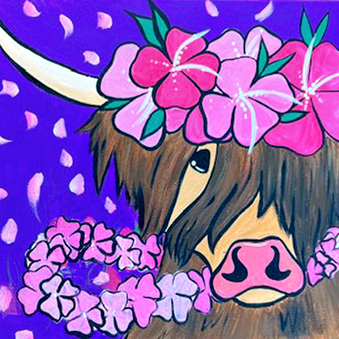 HIghlander cow with floral headband on a purple background. Summer-themed DIY paintings on canvas with supplies included