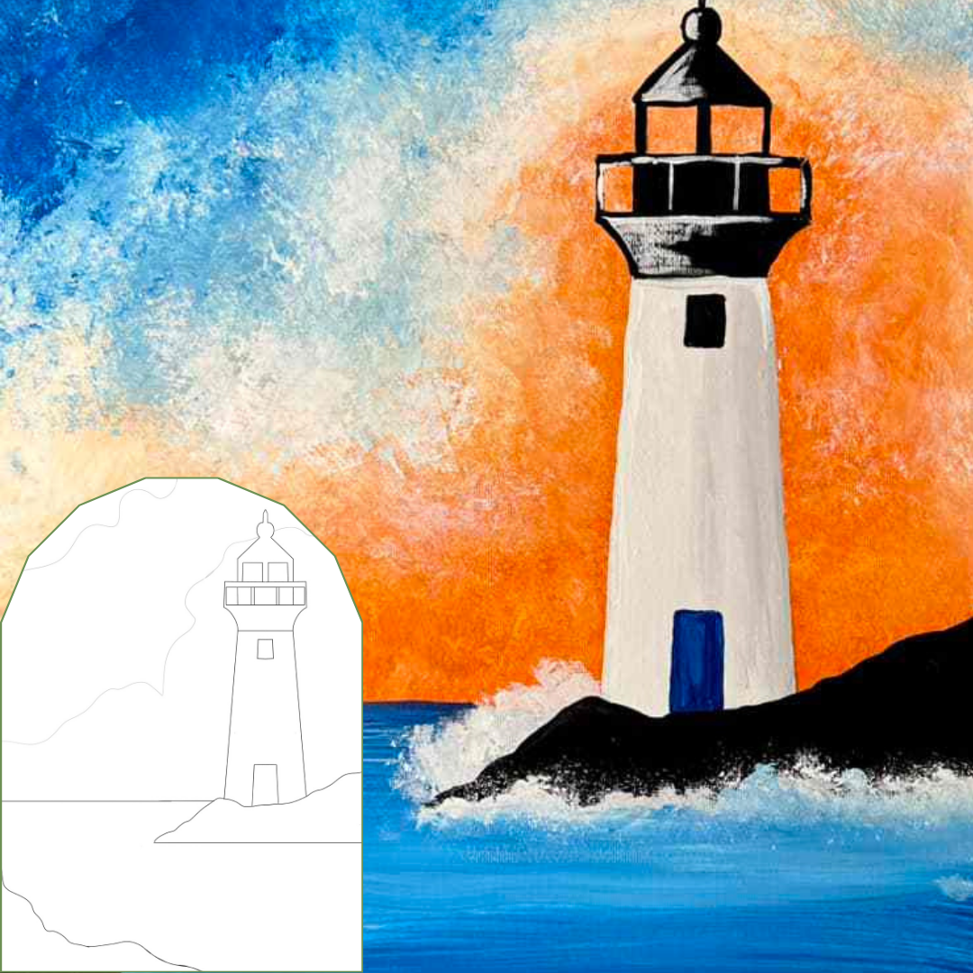 Painting of a lighthouse on a rocky shore with a colorful sky perfect for a group paint party