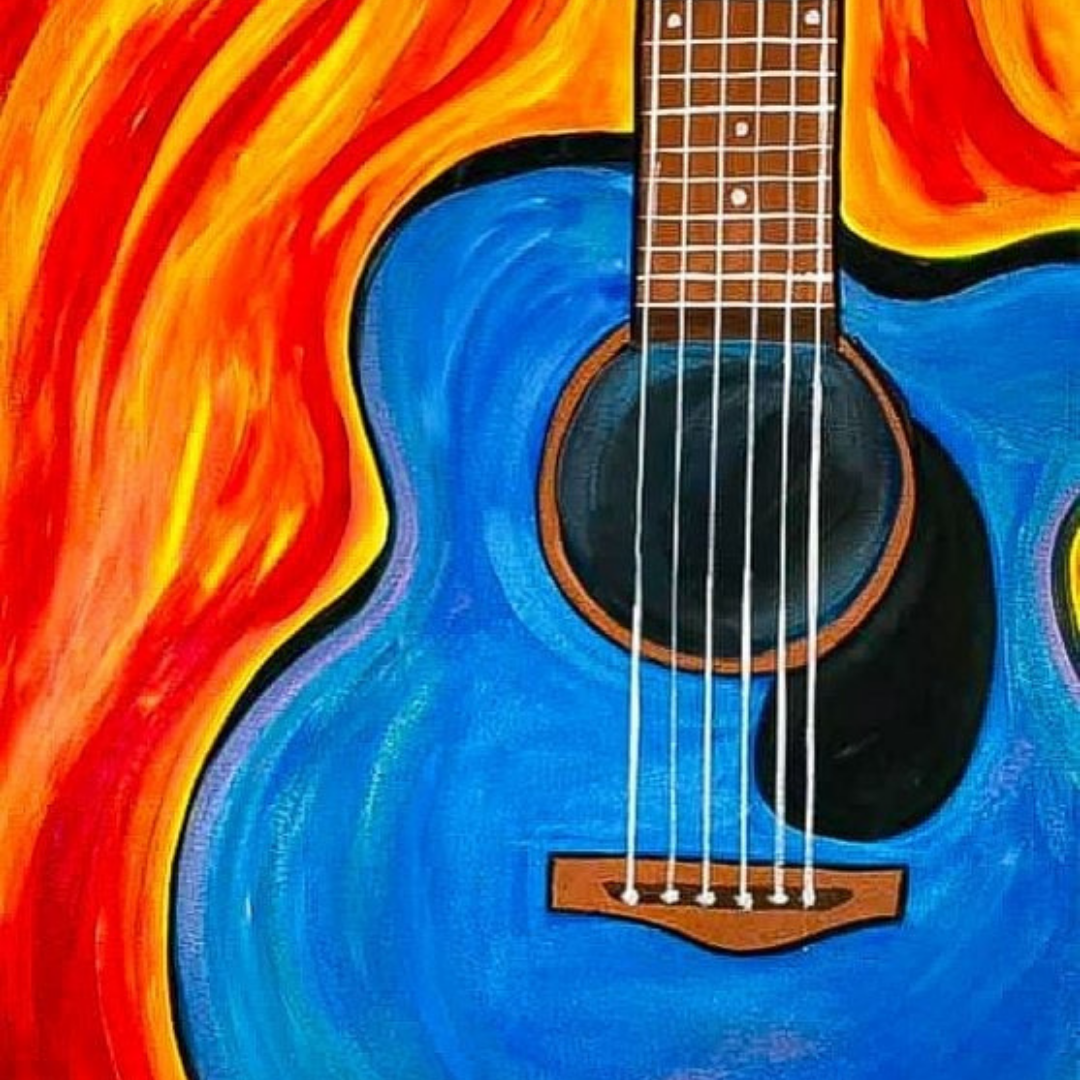Colorful abstract painting of a guitar with swirling red and blue patterns