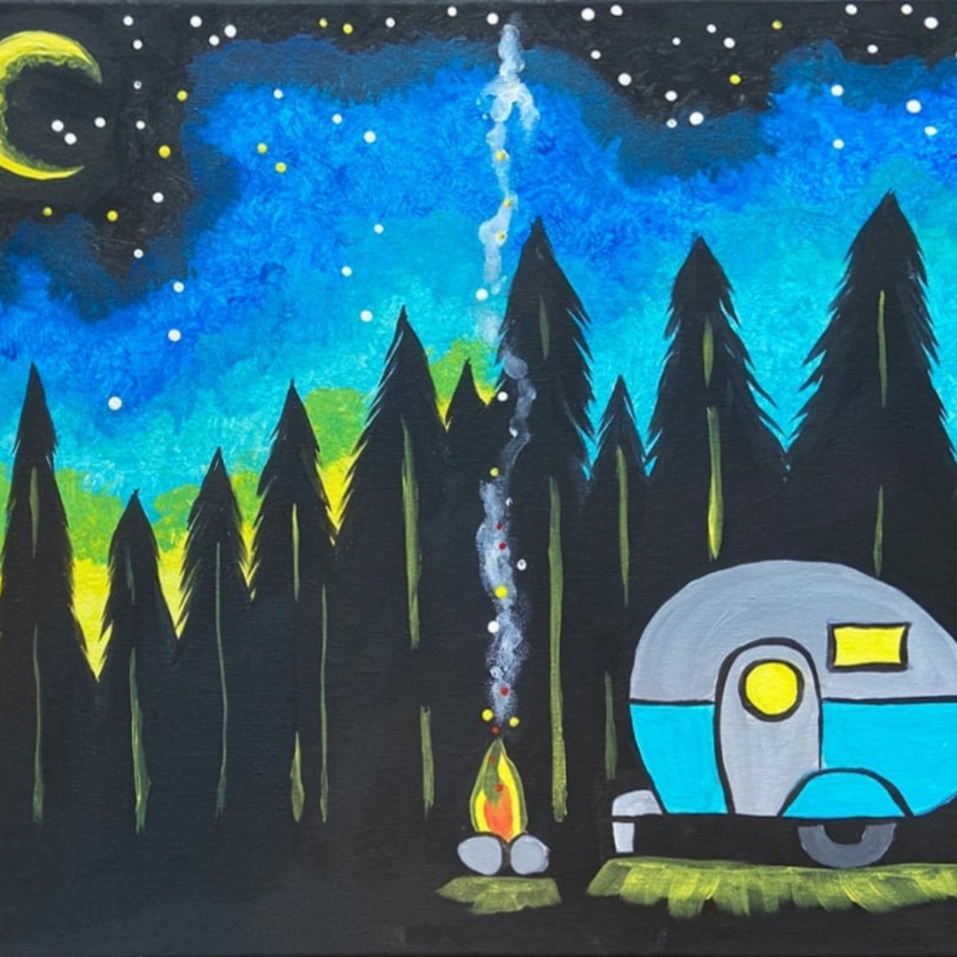Camping scene with a camper, campfire, and trees under a starry night sky.