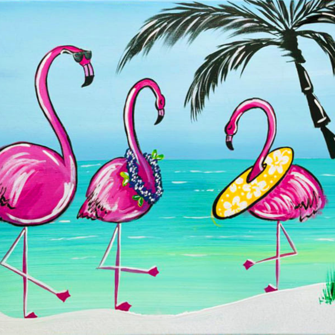 Four pink flamingos on a beach with palm trees and blue sky.