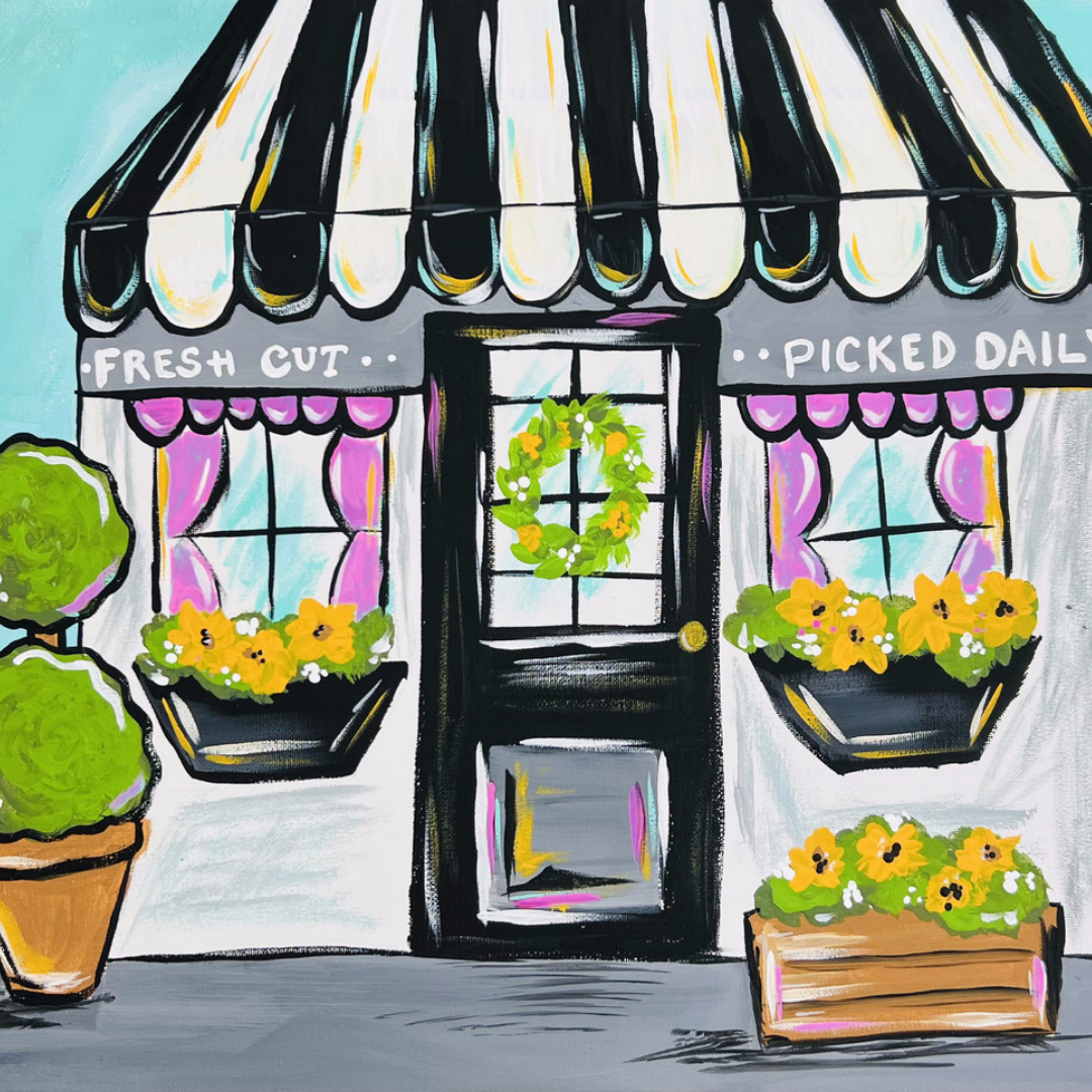 Illustration of a flower shop with flowers and an awning.