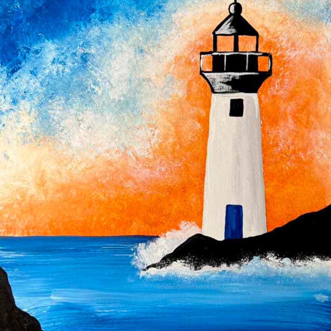 Painting of a lighthouse on a rocky island with a colorful sky.