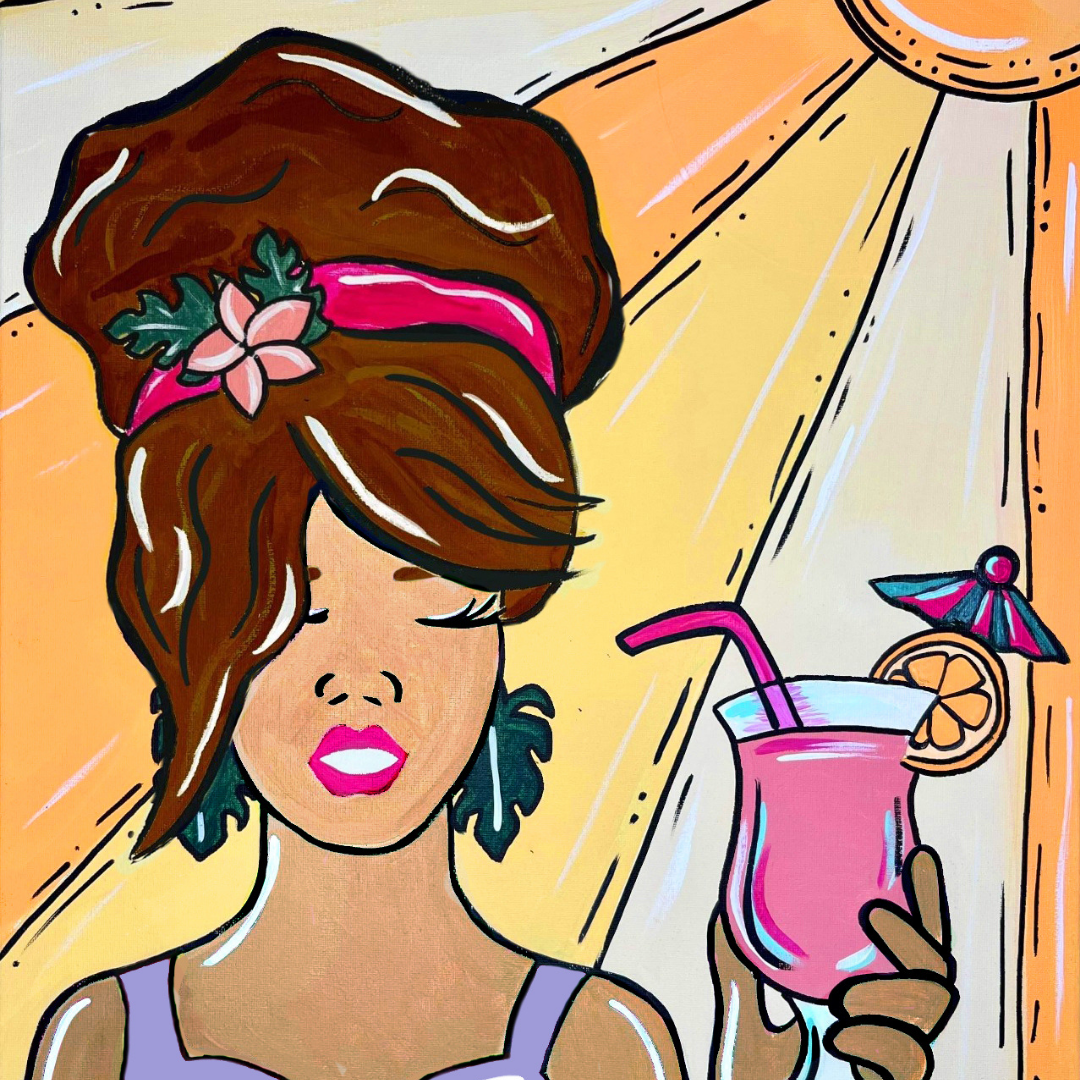 Illustration of a woman holding a pink drink with a straw against a colorful background