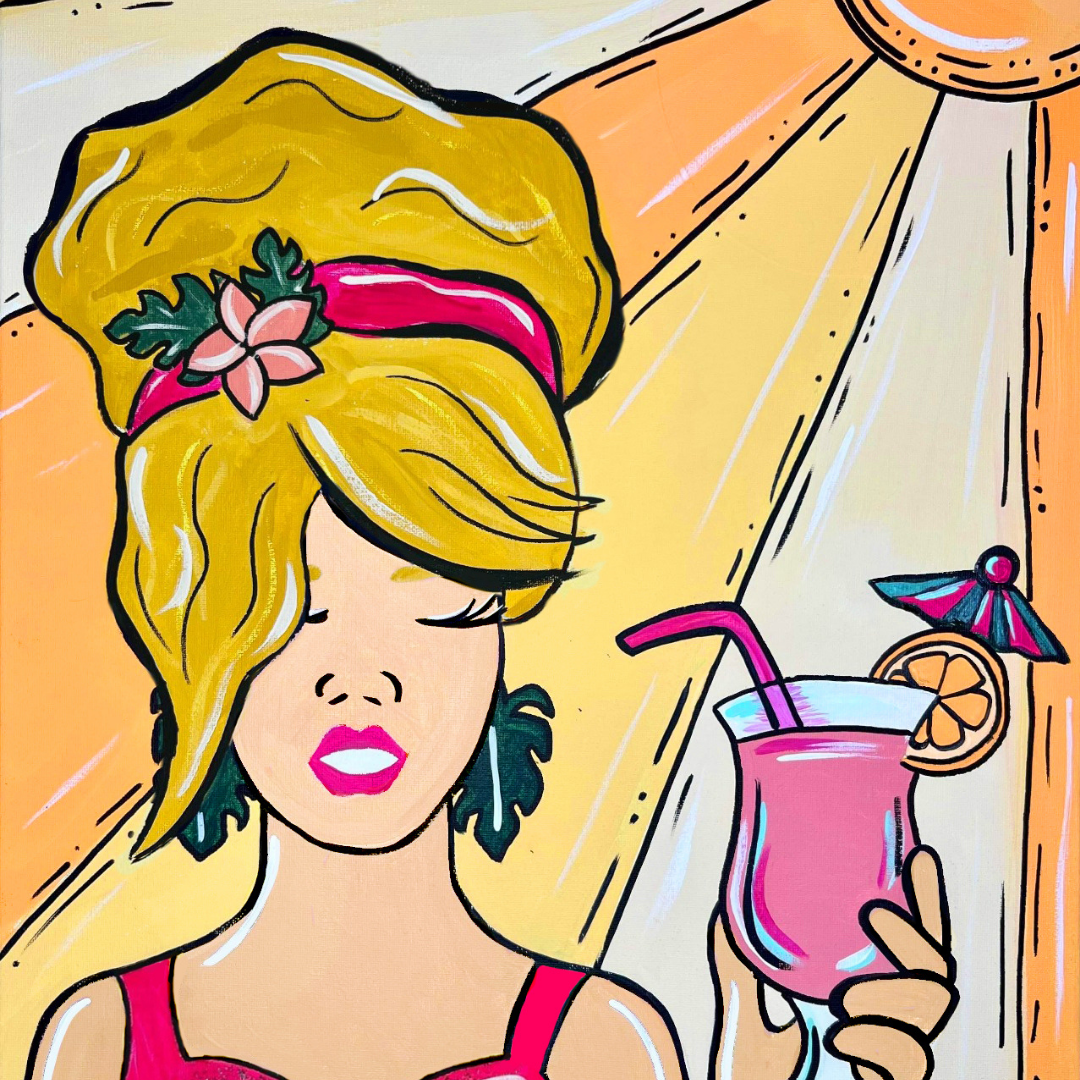 Woman with a drink and tropical decorations