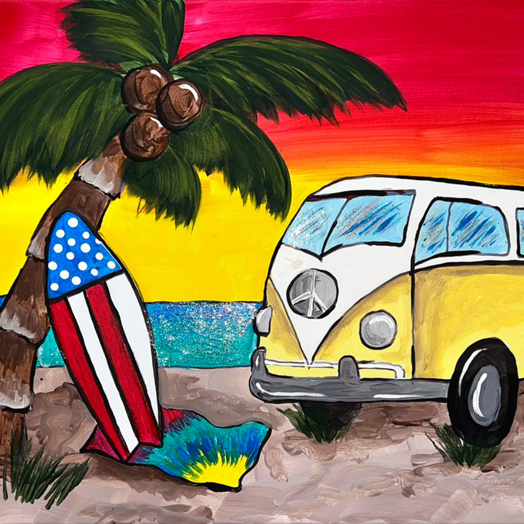 VW bus on a beach with palm tree and American flag surfboard, colorful sky
