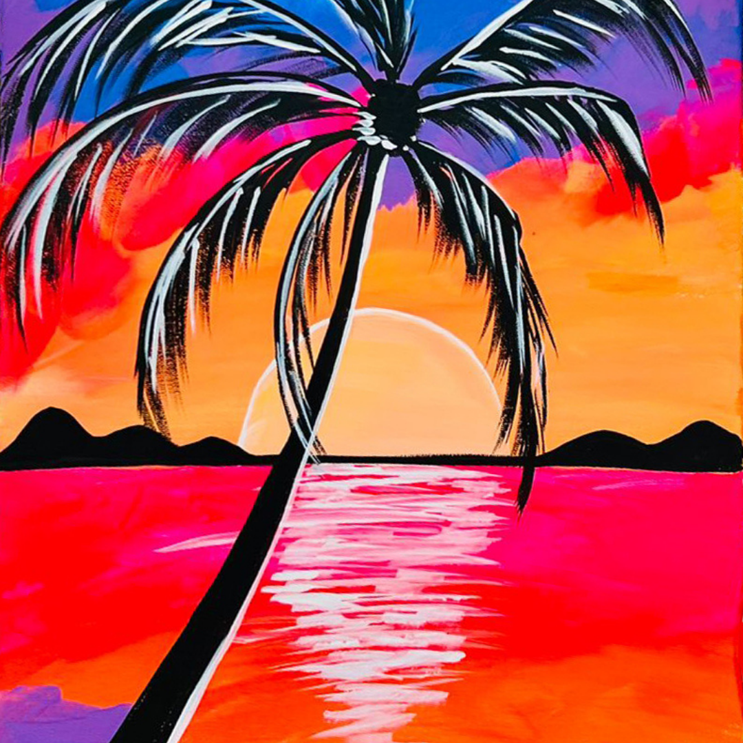 Colorful tropical scene with palm trees, sunset, and water.