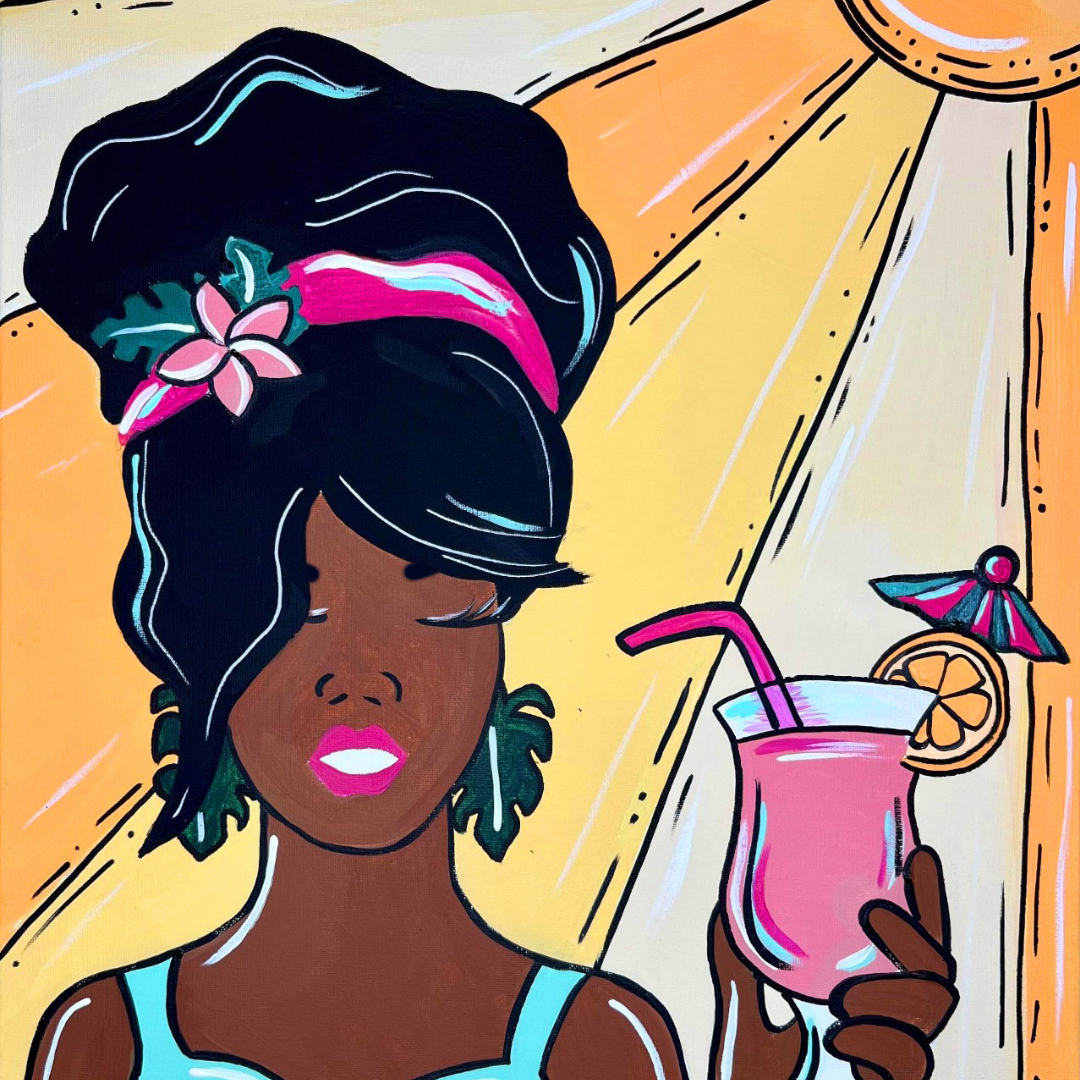 Illustration of a woman holding a pink drink with a colorful headwrap against a bright background