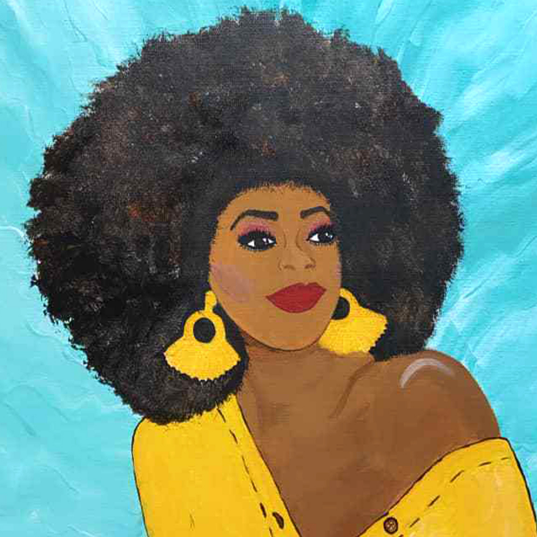 Illustration of a woman with a large afro wearing yellow earrings against a blue background
