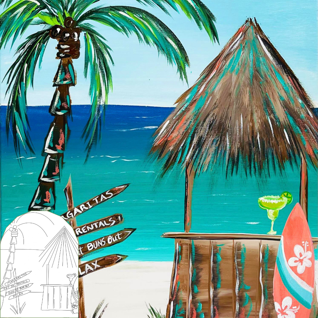 Tropical beach scene with palm tree, thatched-roof hut, and surfboard with a drink canvas kit perfect for a group paint party.