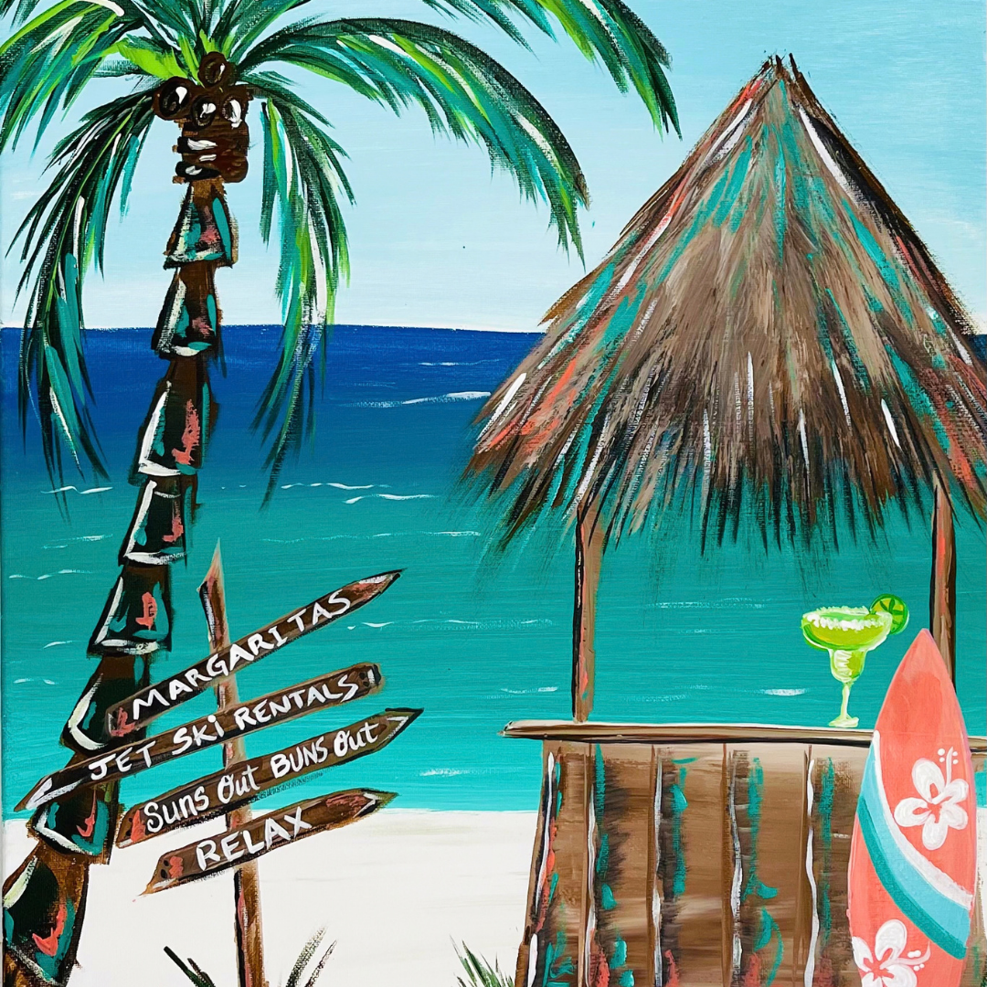 Summer Paradise DIY paint kit with palm trees, a tiki hut, tropical drinks and a colorful beach scene