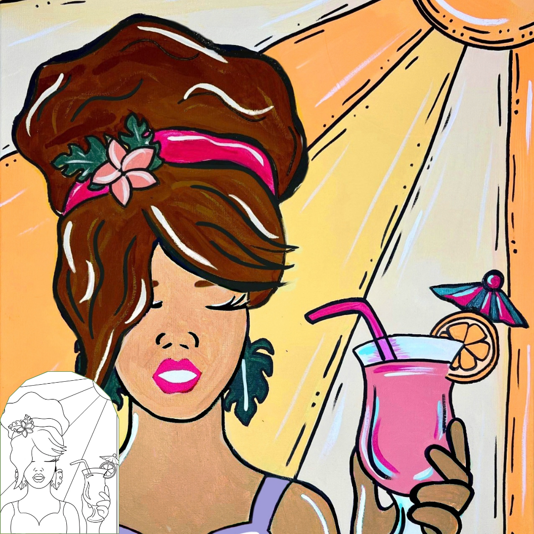 Summer Margarita Woman DIY canvas paint kit featuring pop-art woman sipping a margarita in the sun
