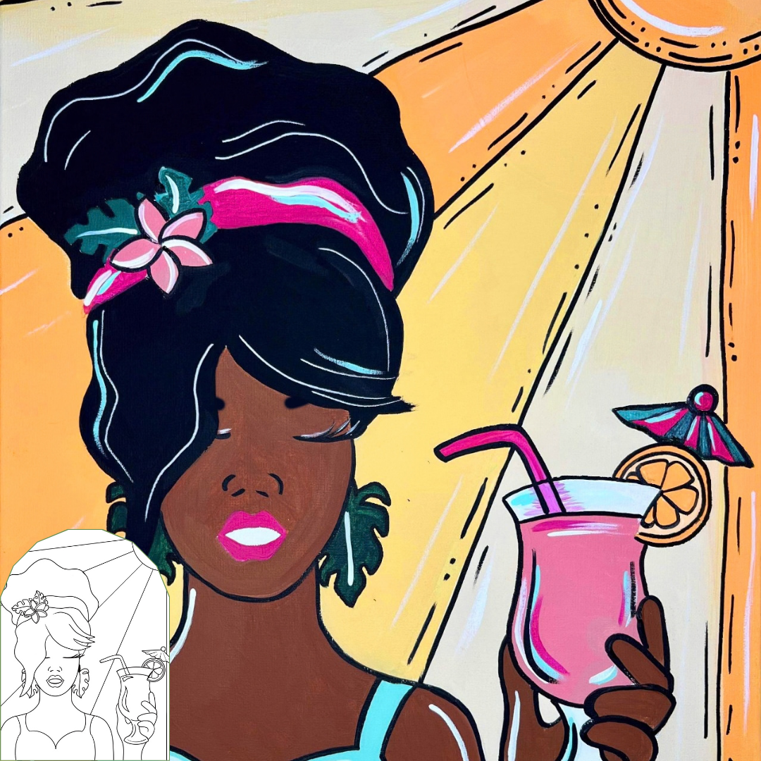 Summer Margarita Woman DIY canvas paint kit featuring pop-art woman sipping a margarita in the sun