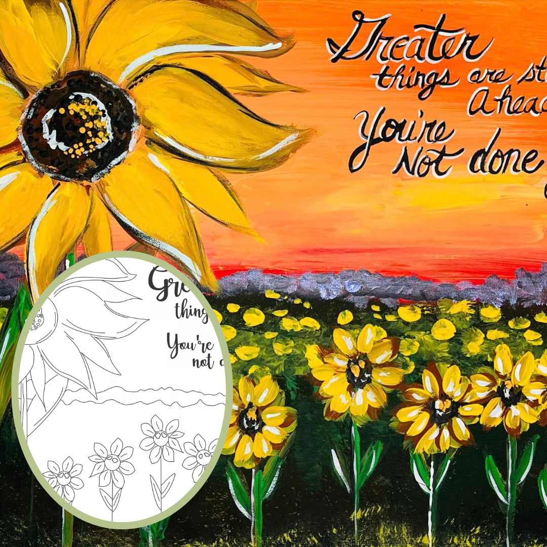 Sunflower Field DIY paint kit with outlined canvas tracer, yellow sunflowers, sunset and inspirational quote