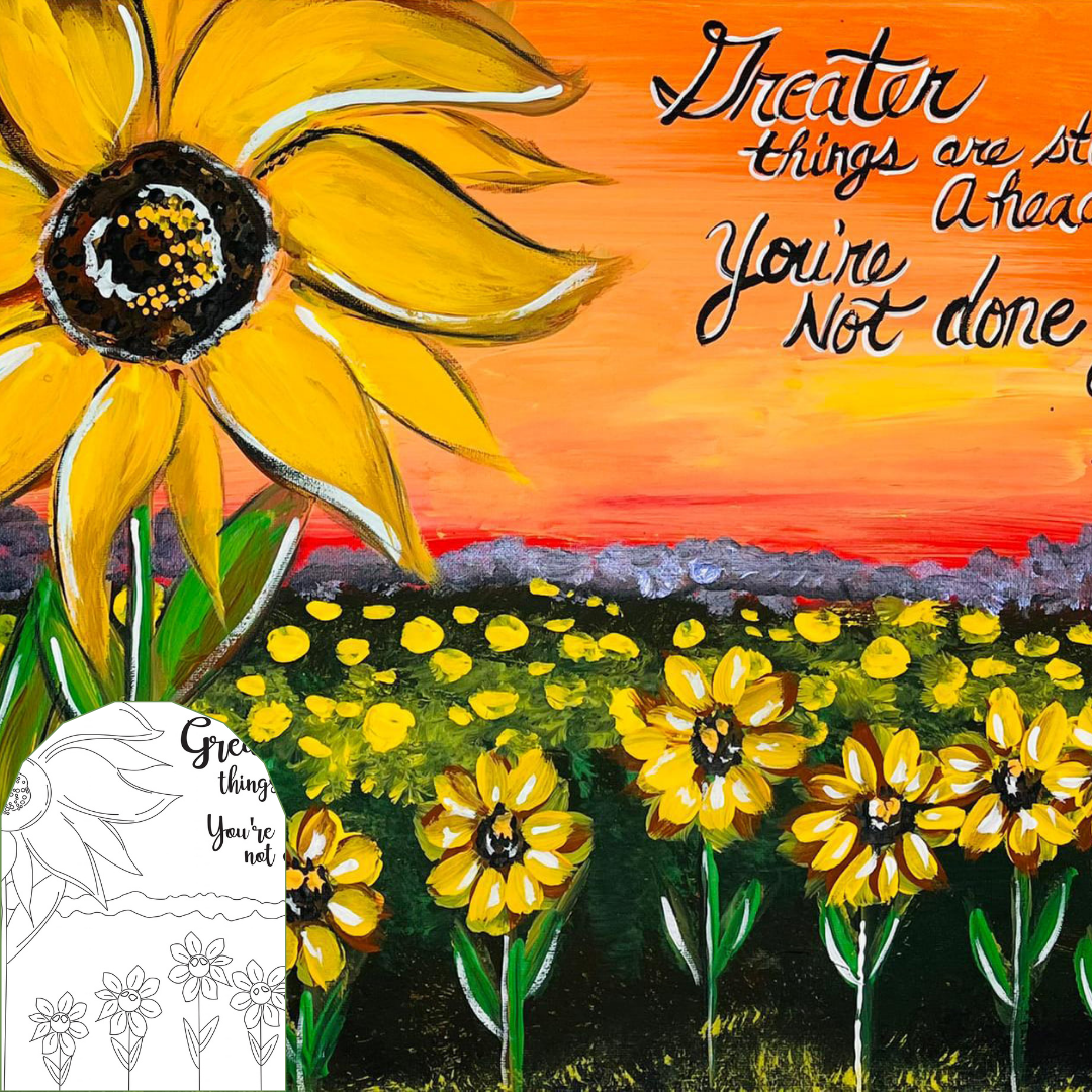Painting of sunflowers with a motivational quote on an orange background perfect for a group paint party
