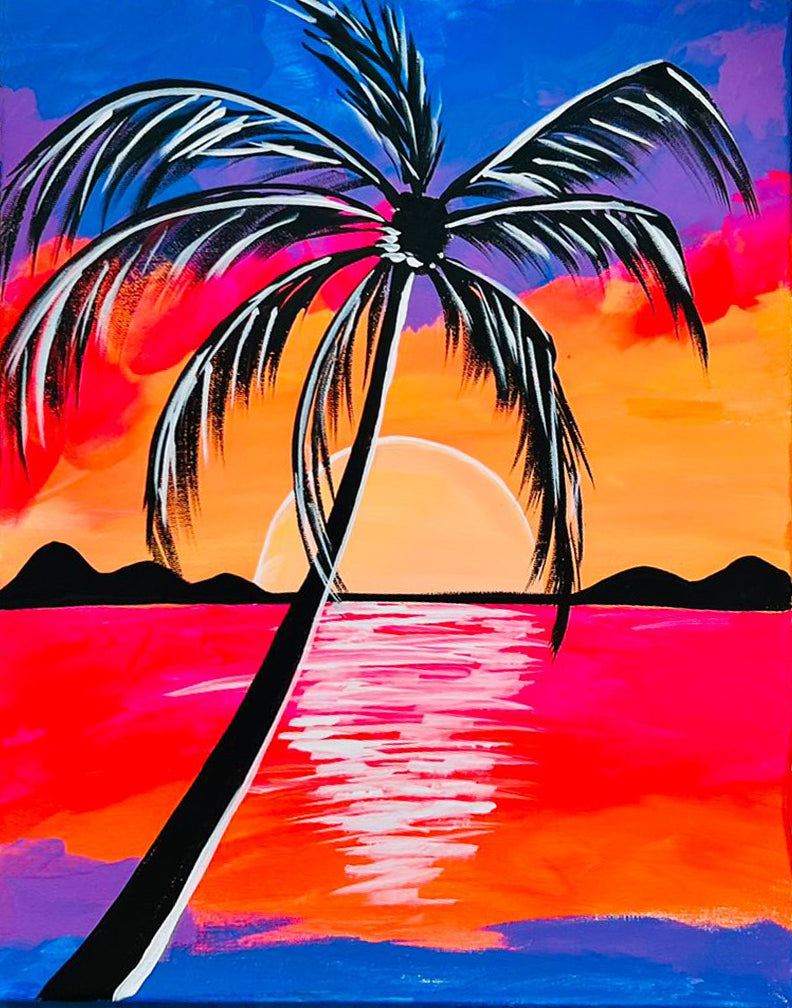 Colorful painting of a palm tree over water with a sunset background of summer-themed DIY paintings on canvas, all supplies included