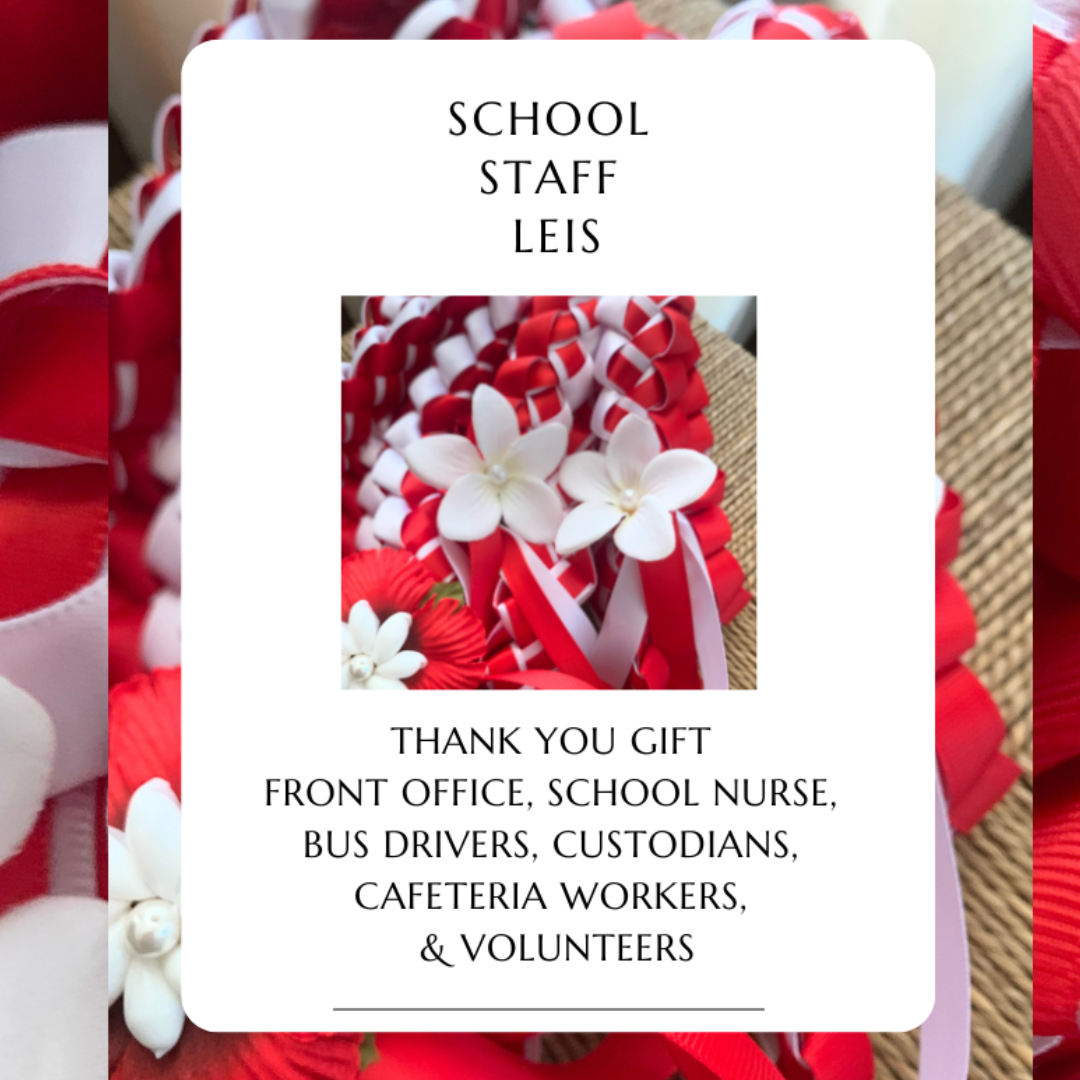 Teacher Appreciation Lei featuring handcrafted red and white braided ribbons with floral accents, displayed as a school staff thank-you gift.