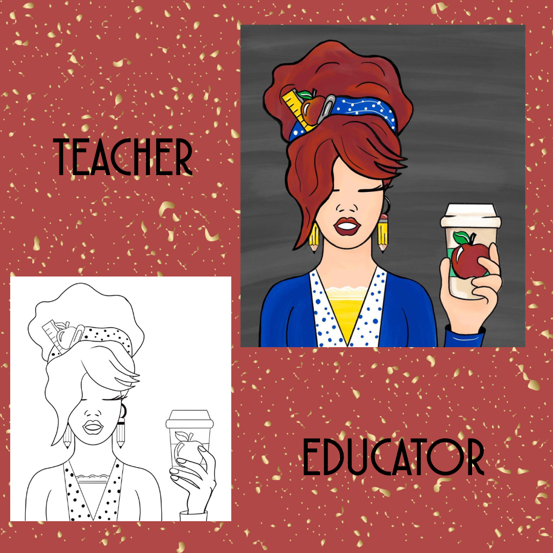 A teacher with red hair, pencil earrings, and an apple coffee cup canvas painting