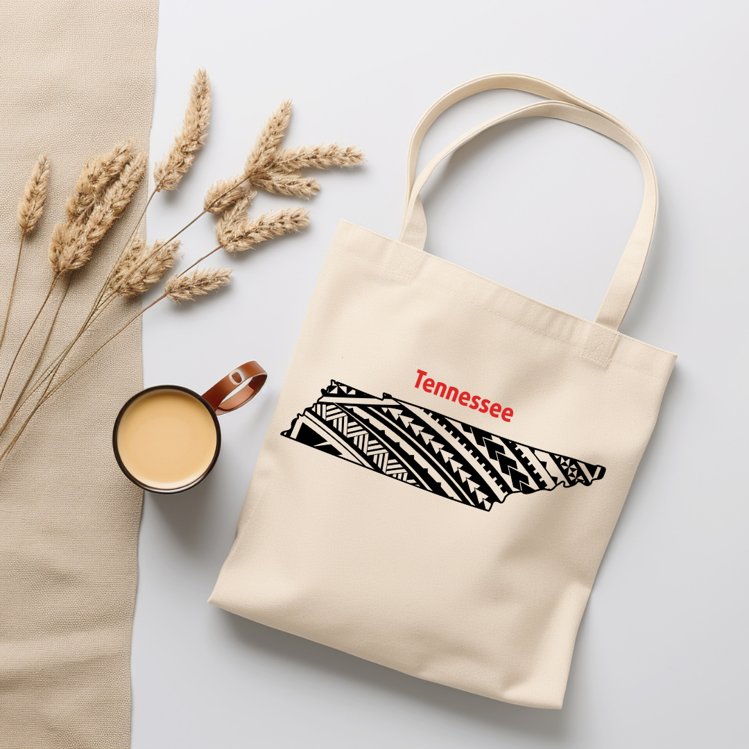 Tennessee-A double-sided, eco-friendly Polynesian Pride tote bag featuring a tribal map design from the 50 State Tribal Map Collection