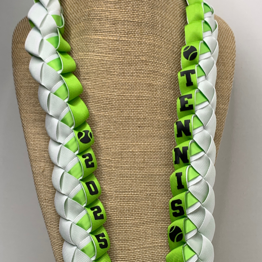 Personalized Tennis Ribbon Lei in green and white school colors for tennis players, Senior Night and graduation gifts.