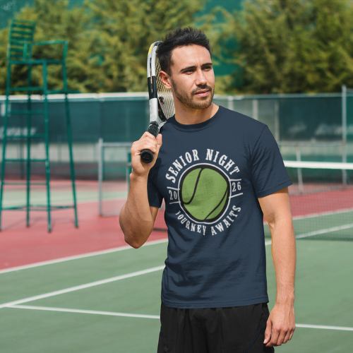 A senior student wearing his 2026 tennis sports night t-shirt with Journey Awaits logo. Available in other colors