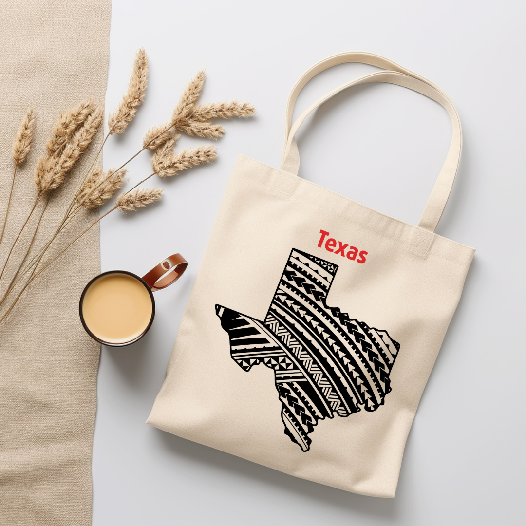 Texas-A double-sided, eco-friendly Polynesian Pride tote bag featuring a tribal map design from the 50 State Tribal Map Collection