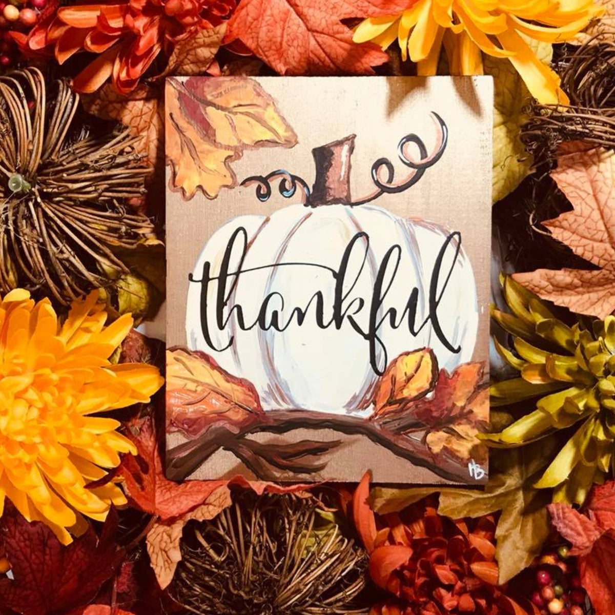 Thankful Fall Pumpkin DIY Paint Kit, white pumpkin with thankful script and autumn leaves on 11x14 canvas
