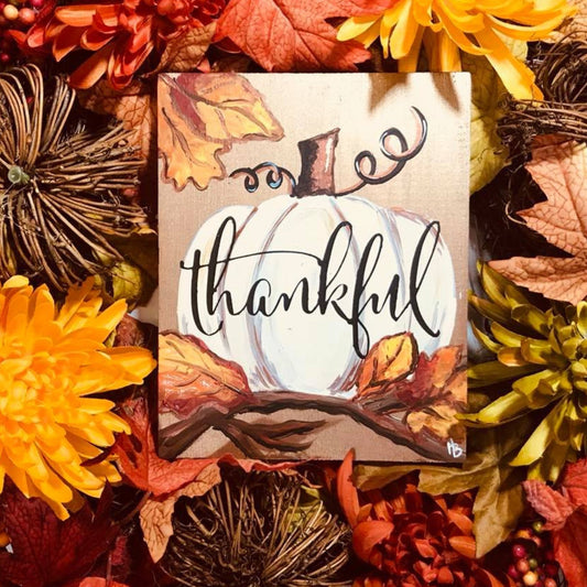 Thankful Fall Pumpkin DIY Paint Kit, white pumpkin with thankful script and autumn leaves on 11x14 canvas
