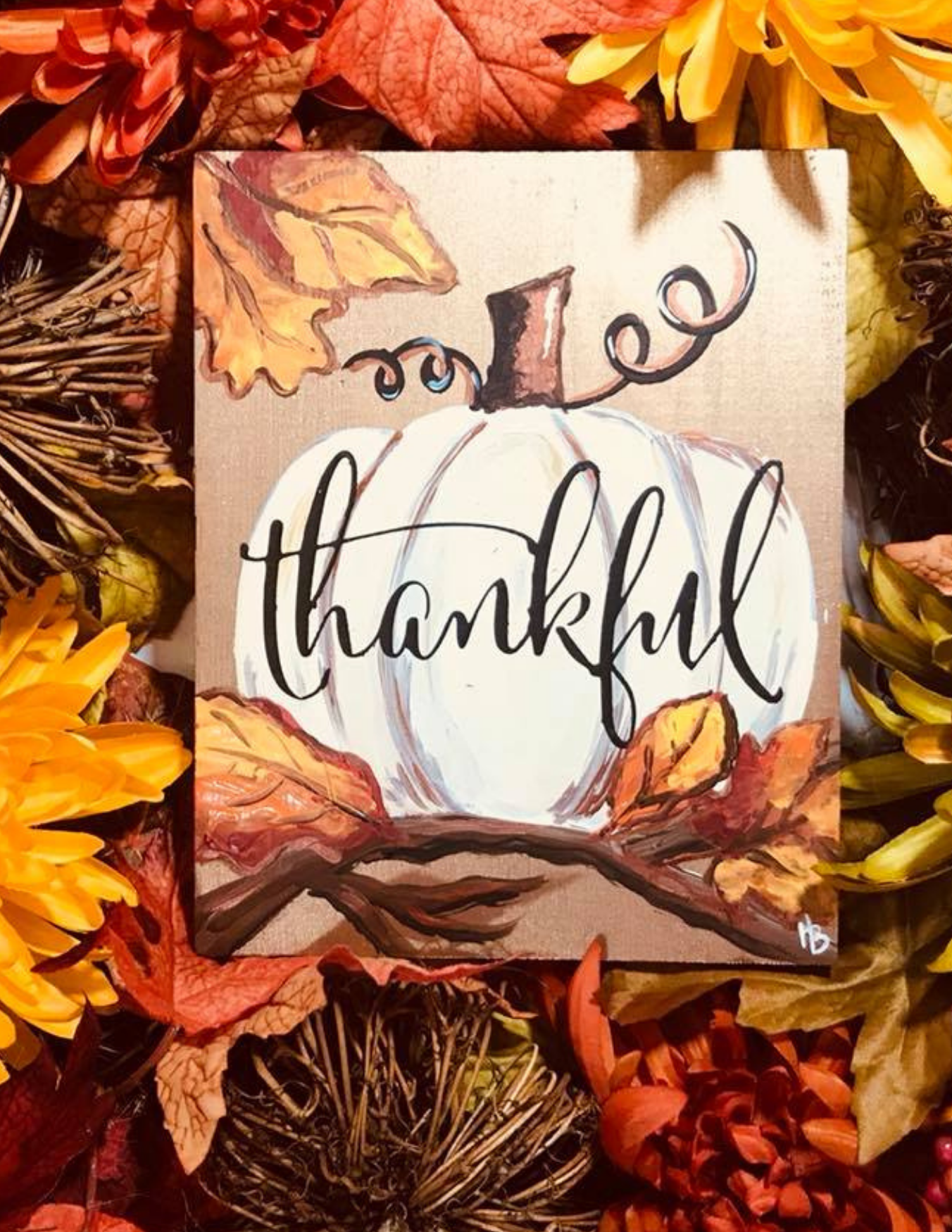 Thankful Pumpkin DIY Paint Kit – white pumpkin with grateful script and autumn leaves canvas painting by Simply Aloha On The Go