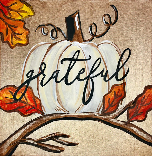 Grateful Pumpkin DIY Paint Kit - white pumpkin with grateful script and autumn leaves by Simply Aloha On The Go