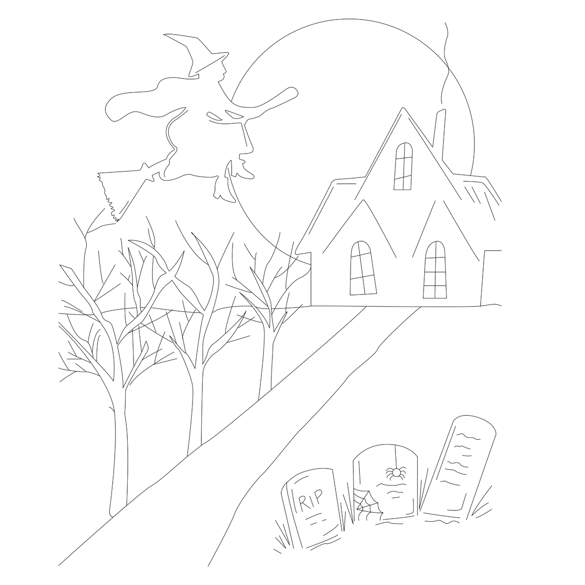 The Witch Is In Witches of Halloween tracer outline DIY paint kit, witch on a broom over a haunted house, full moon, and tombstones on an orange sky
