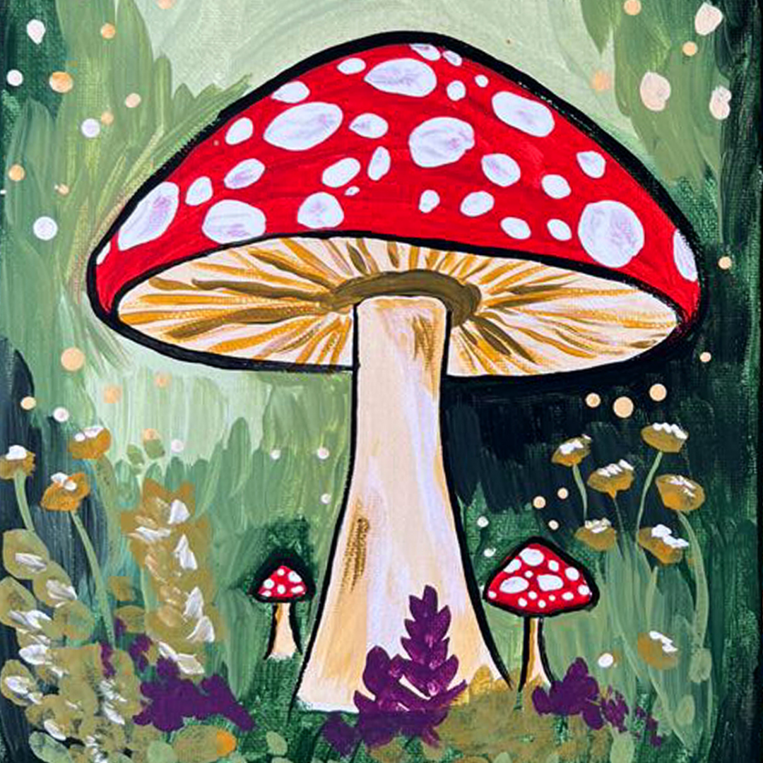 summer-themed DIY canvas paintings including a red and white mushroom toadstool with a green background