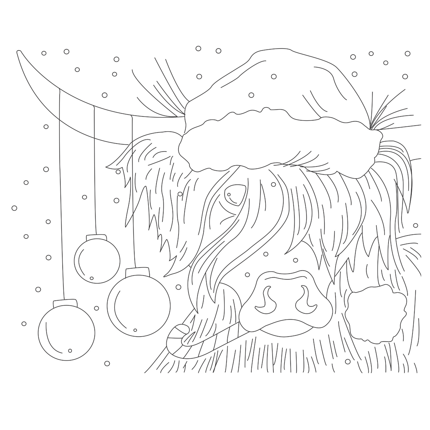 Outline of a highland cow wearing a Santa hat with Christmas ornaments on a white background