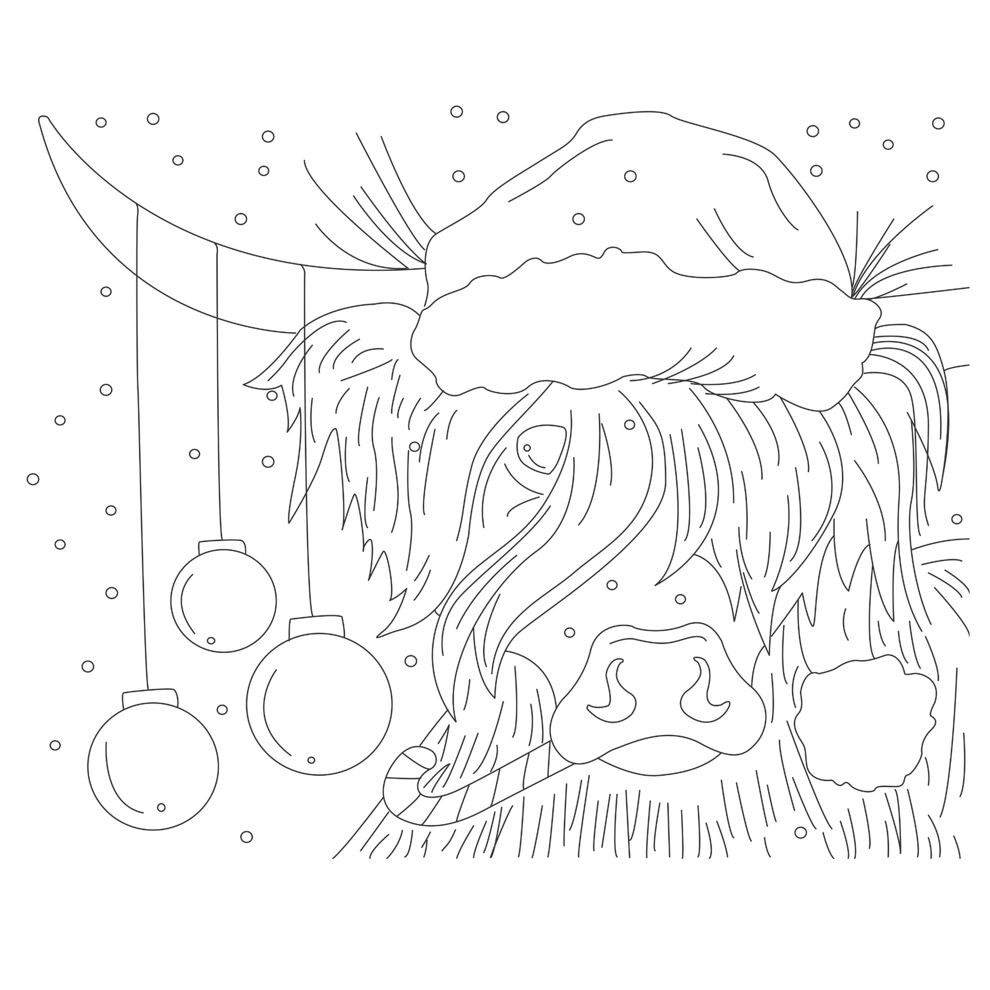 Outline of a highland cow wearing a Santa hat with Christmas ornaments on a white background