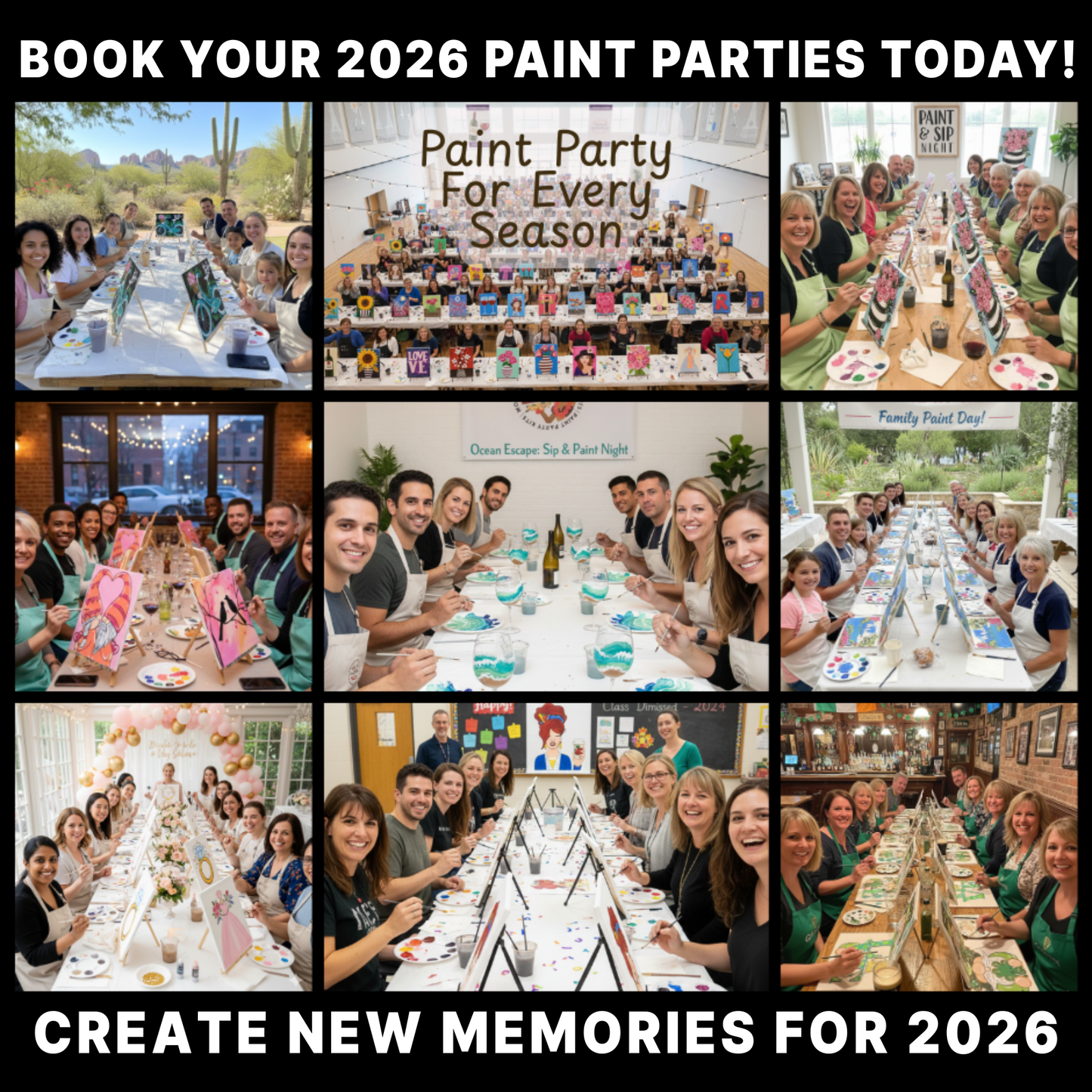 A collage of various traveling paint and sip events across Arizona, featuring group parties for families, bridal showers, and seasonal celebrations for the 2026 season.